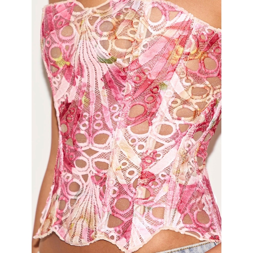 Pink Floral Lace Corset Top Strapless Lace Up Back Boned Bustier Festival M